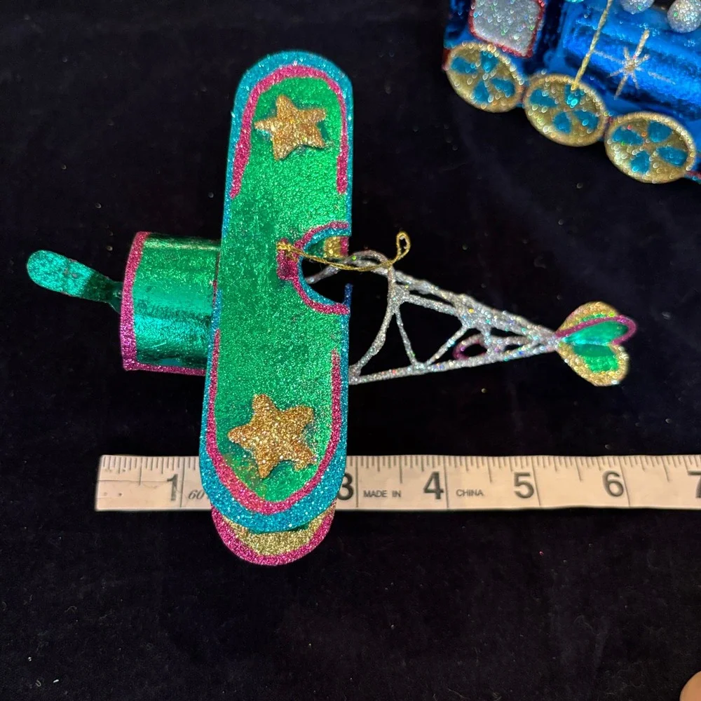 Vintage Glitter Metallic Foil Airplane Train Star Christmas Ornament Set 3pc